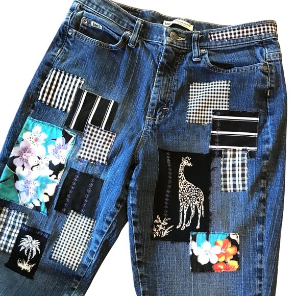 Boho Hippie Patch Jeans, Size 8 Long: Upcycled, Tropical Patchwork, Giraffes - Picture 10 of 16